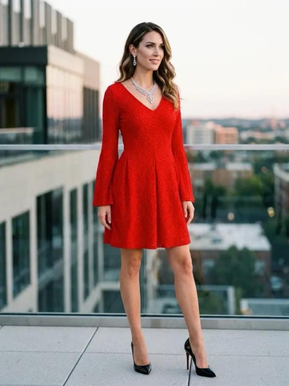 Red lace dress with subtle floral pattern, size S Dina Be